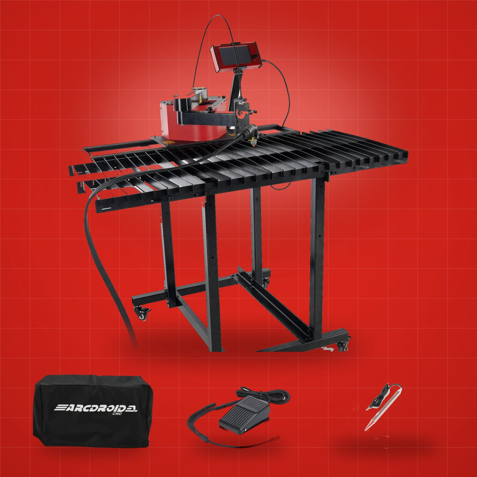 Le Pack Ultimate : l'ArcDroid sur la FlexTable, avec la housse, la pédale et le stylet laser offerts